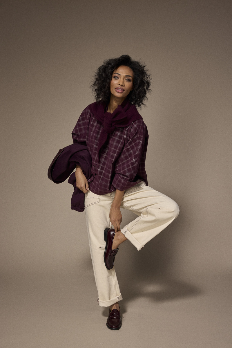 LALOTTI_FW26_flynn_blouse_plumechecksxtinitriangle_scarf_burgundyxjanique_jacket_plumexjadiebarrelworker_jeans_ecruburgundy_2.jpg