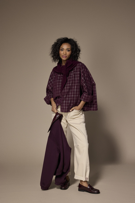 LALOTTI_FW26_flynn_blouse_plumechecksxtinitriangle_scarf_burgundyxjanique_jacket_plumexjadiebarrelworker_jeans_ecruburgundy.jpg