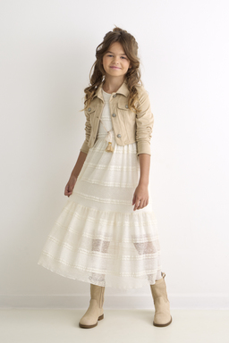 ecru lang kleed beige vestje meisjes RTB communiecollectie lentefeestcollectie 2023 bij Kameleon in 