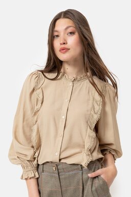 camel bloes frullen mouw Terre Bleue dameskleding wintercollectie 2023 bij Kameleon in Balegem