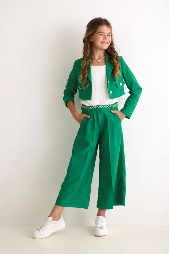 groen kostuum wijde broek meisjes Nina & Lucia communiekleding lentefeest 2024 Kameleon Balegem